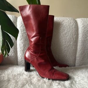 VTG KENZO PARIS Red Leather Square Toe Mid Calf Boots Vintage Kenzo Takada 37.5